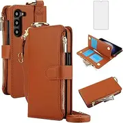 [Asuwish] Phone Case for Samsung Galaxy A14/M14 5G Zipper Wallet with Tempered Glass Screen Protector Crossbody Strap Card Holder RFID Blocking Flip Cell Cover A 14 4G 14A 14M G5 Women Girls Brown