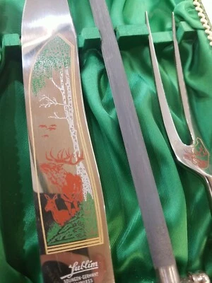 Lublim Solingen-Germany, Hand Carved Stag Handled 3 Piece Carving Set. NIB