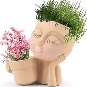 Face Planter Pot, Double Flower Pots for Indoor Outdoor Plants, Girl Head Planter Succulent Pot, Cute Resin Cactus Planter Pot with Drainage Holes (Khaki)