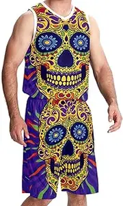 [FNETJXF] Basketball Jerseys Shorts Sport Set, Jerseys for Men, Men's Basketball Jersey, Mexican Flower Skull Retro