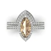 2.1 Marquise Round Cut Halo Yellow Moissanite Promise Bridal set 14k White Gold