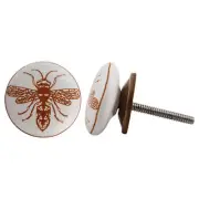 Bumble Bee White and Brown Flat Ceramic Cabinet Knob Drawer Pull Hardware