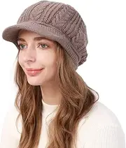 [OVTRB] Women Winter Knit Hats Visor Brim Double Layer Fleece Lining Ladies Warm Stylish Beanie Hats Slouchy Snow Caps