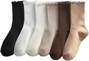 [Fxkoolr] 6 Pairs Ruffle Socks Women, Turn-Cuff Casual Cute Frilly Lettuce Edge Comfort Breathable Lightweight Solid Color Soft Cotton Socks One Size 5-9, Multicolor