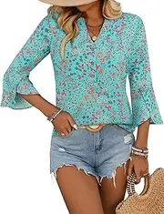 [LOOKBOHO] Womens Tops Dressy 3/4 Sleeve Casual Peplum Blouses Bell Ruffle Sleeve Button V-Neck Business Trendy Shirts