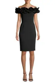 Aidan Mattox Off-Shoulder Floral Trim Crepe Sheath Dress, Black, Size 6