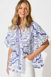 Capri Shirt Short Sleeve in White and Blue Cotton Linen 6