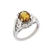 Sterling Silver RH-plated Checker-Cut Whiskey Quartz u0026 Oval Diamond Gemstone Birthstone Ring Fine Jewelry Gift for Her