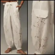 Anthropologie Embroidered Linen Pull-On Joggers White/Ivory Floral SMALL