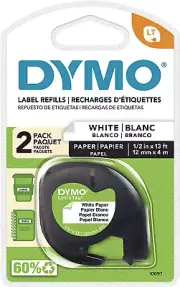 Dymo 10697 LT Paper Labels for LetraTag Label Makers -12mm x 4m Roll- 2-Pack