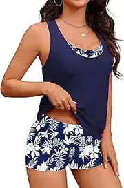 [AI'MAGE] Womens 3 Piece Tankini Swimsuits Tummy Control Bathing Suits Tank Top with Bra Boy Shorts Summer Swimwear S-XXL
