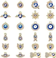 [Craftdady] 48 pcs Rhinestone Enamel Evil Eye Charms Alloy Heart Butterfly Fish Flat Round Teardrop Sun Shape Pendant Lucky Turkish Eye Dangle Pendants for Bracelet Necklace Jewelry Making, Metal, No