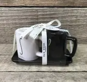 New RAE DUNN Black "SALT" & "PEPPER" Mini Mug Salt & Pepper Shakers With Tray