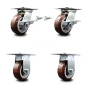 5 Inch Polyurethane Caster Set 2 Brakes/Swivel Locks and 2 Rigid Service Caster