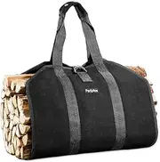 Pariplus Canvas Firewood Carrier Bag - Sturdy Log Carrier for Firewood with Handles and Security Strap, Wood Carrier for Firewood Tote for Camping Fireplace Wood Stove Accessory - Black