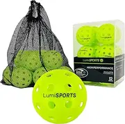 Lumi SPORTS 12-Pack Premium Outdoor Pickleball Balls | 40 Holes Fluorescent Green Balls | All-Surface Play | Crack-Resistance | Convenient Drawstring Mesh Bag | USAPA Official Size and Weight