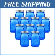 12-Piece Dark Blue Glass Mason Jars - 32 oz with Clip-On Lids for Storage
