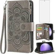 [Asuwish] Phone Case for Samsung Galaxy S23 FE 5G Wallet Cover with Tempered Glass Screen Protector and Flower Leather Flip Credit Card Holder Stand TPU Cell Accessories S 23 EF S23FE 23S Women Men Grey