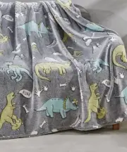 Dinosaur Gray Glow-In-The-Dark Print Minky Fleece Blanket, 50" X 60"