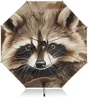 [PDZRMY] Raccoon Head Retro UV Protection Travel Umbrella Compact for Rain and Sun - Auto Open and Close UPF 50+ Windproof Portable 46” Sun Umbrella for Women and Men
