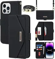 Cavor Crossbody Wallet Case for iPhone 14 Pro Max Case (6.7") Flip Cover Magnetic Leather Women Handbag Card Slots Holder Zipper Kickstand Purse with Detachable Shoulder Necklace Lanyard Strap-Black
