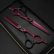 6 Inch Professional Hair Cutting Scissors Set, Stainless Steel Red Barber Scissors, Thinning Shears for Precision Haircuts, omic Handle for Stylists & Home Use
