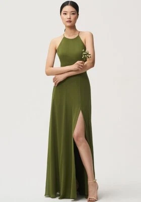 Jenny Yoo Kayla A-Line Halter Dress, Kiwi Luxe Chiffon, Size 12