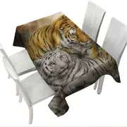 Wildlife Art Drawing White and Orange Tigers Tablecloth