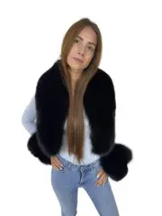 Fox Fur Stole 43" (110cm) + 4 Tails / Cuffs Black Fur Set Saga Furs Set