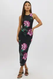 Black Floral Bodycon Dress Sleeveless - Size 16, Women's Bodycon Dress