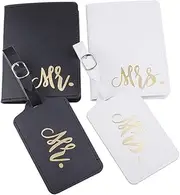 [Suithink] 2 Packs Mr and Mrs Waterproof Passport Covers and Luggage Tags for Married Couples or Lovers, Black, White, 10*14,12*7