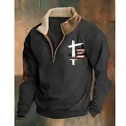 Men's Sweatshirt Quarter Zip Sweatshirt Black Brown Half Zip Color Block Cross American Flag Half Zip Print Sports Outdoor Daily Holiday Polyester Vintage Str