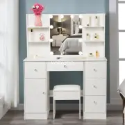 Dressing Table 5 Drawers Makeup Desk W/ LED Mirror and Stool White Vanity Table