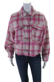 Zara Womens Plaid Collared Button Up Cropped Jacket Shacket Pink Size M
