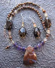 CELIA Y'S HANDMADE NECKLACE & EARRINGS SET- BOULDER OPAL+AMETHYST+SMOKY QUARTZ