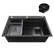 ACA 68x45CM Kitchen Sink Grey Black w/ Overflow Single Bowl Colander With Automatic Bottle Cup Washer Set