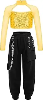 [YiZYiF] Kids Girls Hip Hop Clothes 2 Piece Outfits Sequin Long Sleeve Crop Tops Cargo Pants Set Jazz Street Dancewear