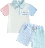 Karuedoo Toddler Baby Boy Mothers Day Outfit I Love Mom Color Block Button Short Sleeve Collared Shirt and Stripes Shorts Set