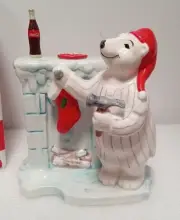 COCA COLA CERAMIC POLAR BEAR FIGURINES--BEAR HANGING STOCKING