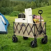 Lambu Foldable Camping Trolley Cart,240L Camping Cart Collapsible Portable Wagon Cart,Heavy Duty Folding Wagon Large Capacity Shopping Cart,Garden Outdoor Park Utility Beach Trolley (Khaki)