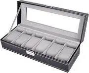 Anshine 6 Slots Watch Box, Black PU Leather Watch Case With Glass Lids Watch Display Storage Box For Men & Women
