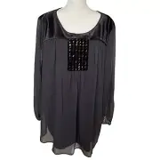 Susan Graver Women’s Chiffon Embellished Blouse Plus Size 28W Velvet Trim Black