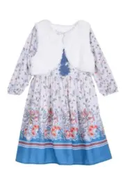 Pippa & Julie Paisley Print Dress Bloomers & Faux Fur Vest 3-Piece Set Baby 12M