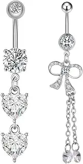 [ARHZ] Pack of 2 Fake Belly Button Piercing, Silver Fake Belly Button Piercing, Fake CZ Heart Crystal Ball Pendant Belly Button Piercing Butterfly Long for Women (2 Shape, B), M, Crystal
