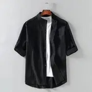 Elbow-Sleeve Stand Collar Linen Plain Shirt Black - 2XL
