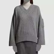 Moncler Women's Gray Wool Knitted V-Neck Patch Pocket Sleeve Sweater Size L