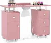 Costway Manicure Table Nail Desk w/Electric Dust Collector, 3 Dust Bags, Wrist Rest, Drawers, Movable Nail Tech Desk on 8 Lockable Wheels, Wooden Nail Art Workstation for Spa Beauty Makeup (Pink)