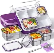 Lunch Boxes Stainless Steel Bento Box with Insulated Lunch Bag & Fork, Leakproof Metal Lunchbox Set for Adults Kids Bento-Style 5 Compartments Snack Containers, BPA-Free, Dishwasher Safe (Purple)