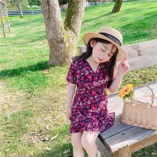 【YAOEENH】90-130CM 韓版夏季女童洋裝 中兒童洋氣甜美可愛碎花雪紡短袖洋裝 現貨 快速出貨