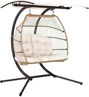 Gardeon Outdoor Swing Chair Rattan 2 Seater Latte Garden Bench Hanging Seat, Patio Baconly Furniture Chairs, with Adjustable Canopy Cushions Stand Wicker Basket Water Resistant 200kg Capacity